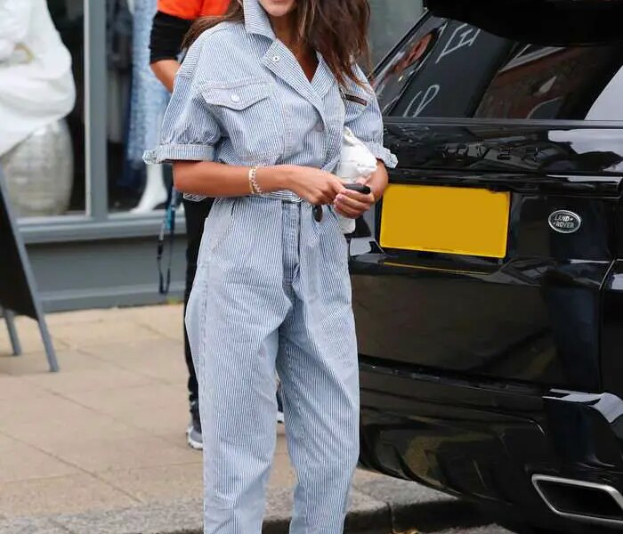 Michelle Keegan Looks Chic in a Pinstriped Jumpsuit