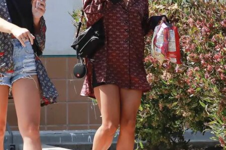 Vanessa Hudgens in a Short Shirt Dress and Sky-high Platform Heels