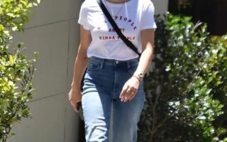 Lucy Hale in a Chic White T-shirt and Wide-leg Jeans
