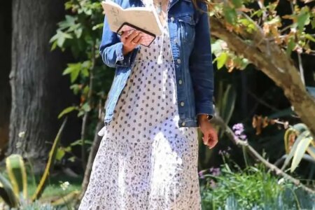 Jordana Brewster Reads a Book While Walking in Brentwood