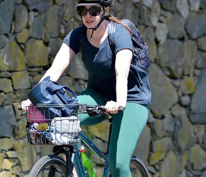 Anne Hathaway Enjoys a Bicycle Ride in Connecticut