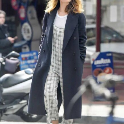 Lily James in a Grey Checked Overalls Running Errands in London
