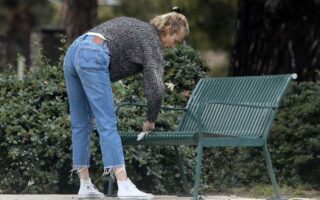 Diane Kruger Disinfects a Park Bench in Los Angeles