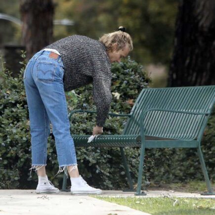 Diane Kruger Disinfects a Park Bench in Los Angeles