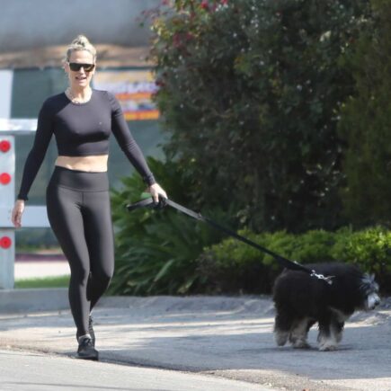 Molly Sims in a Crop Top and Leggings Walking Dog in LA