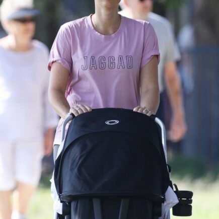 Sylvia Jeffreys Takes her Son for a Stroll in Double Bay