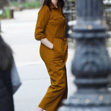 Anne Hathaway in Mustard Color Jumpsuit Out in NYC