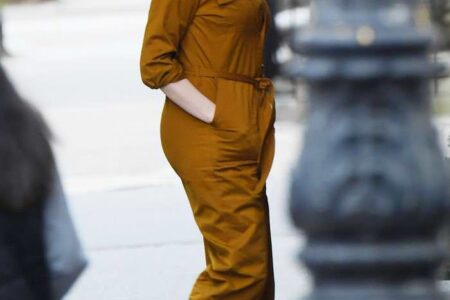 Anne Hathaway in Mustard Color Jumpsuit Out in NYC