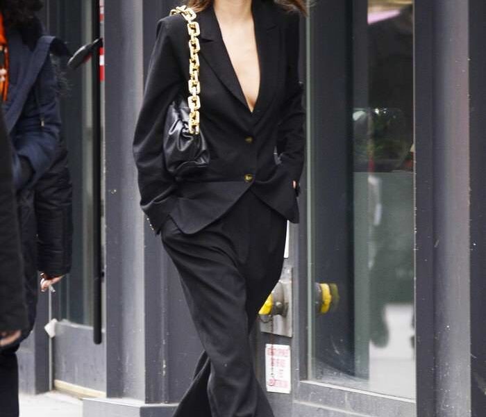 Emily Ratajkowski in Black Blazer with Matching Slacks in NYC