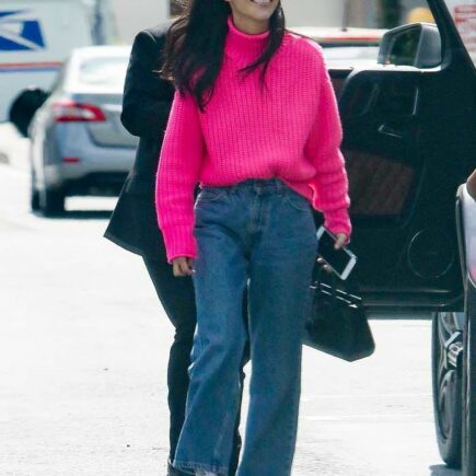 Cara Santana Out in Pink Sweater and Jeans