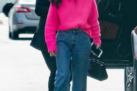 Cara Santana Out in Pink Sweater and Jeans