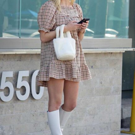 Sophie Turner in Textured Plaid Babydoll Dress Out in LA