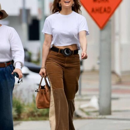 Jennifer Lopez Rocks 70’s Style in Brown Corduroy Jeans as She Runs Errands