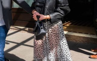 Florence Pugh in a Star-printed Maxi Dress and Leather Jacket in NYC