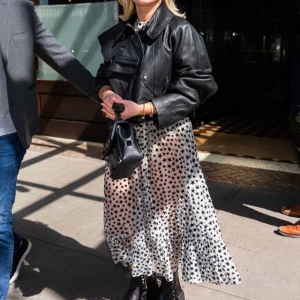 Florence Pugh in a Star-printed Maxi Dress and Leather Jacket in NYC