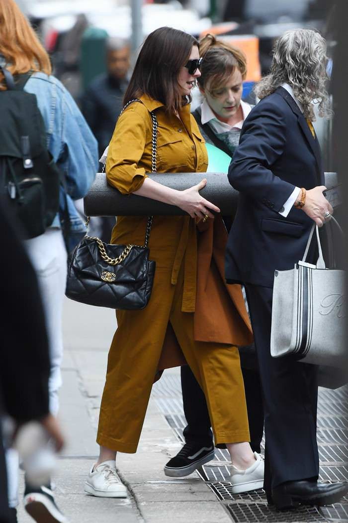 anne hathaway in mustard color jumpsuit out in nyc 2
