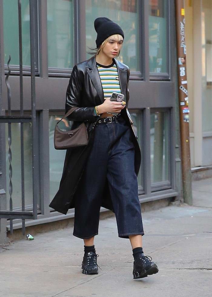 dua lipa casual in baggy blue jeans and black beanie hat in nyc 2