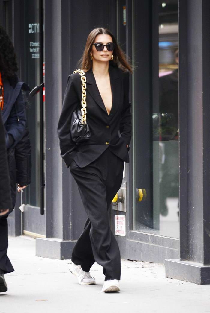 emily ratajkowski in a black blazer with matching slacks in nyc 2