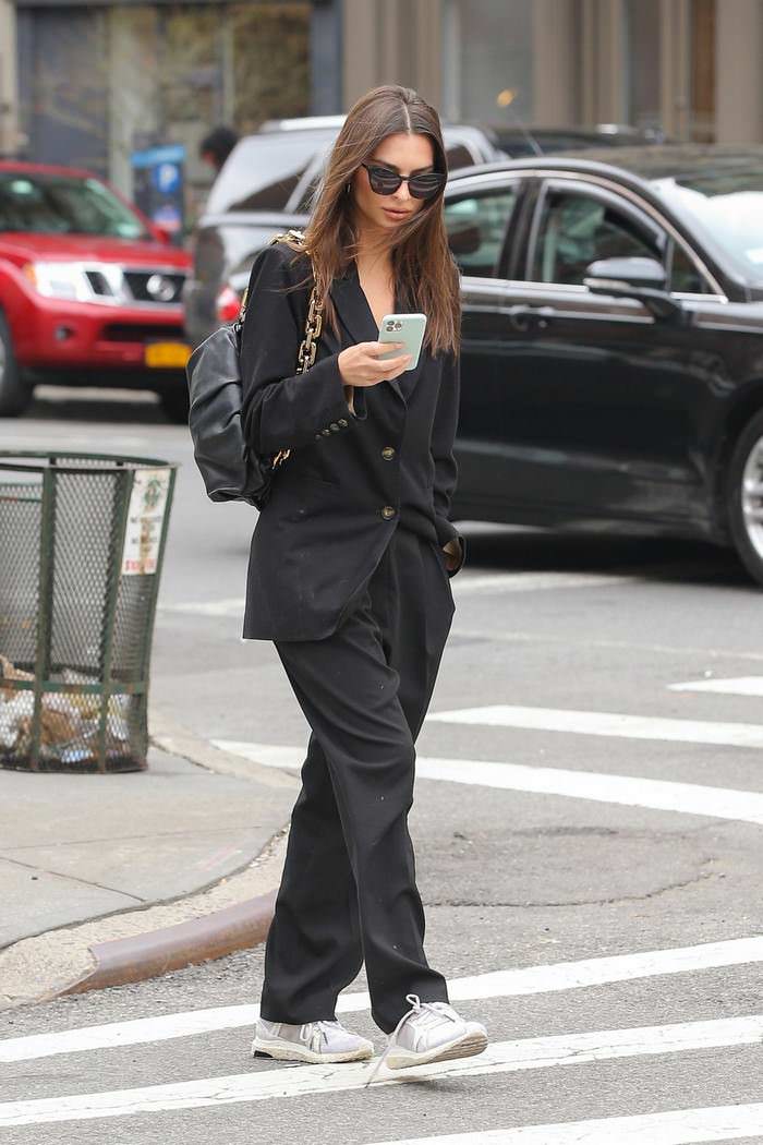 emily ratajkowski in a black blazer with matching slacks in nyc 4