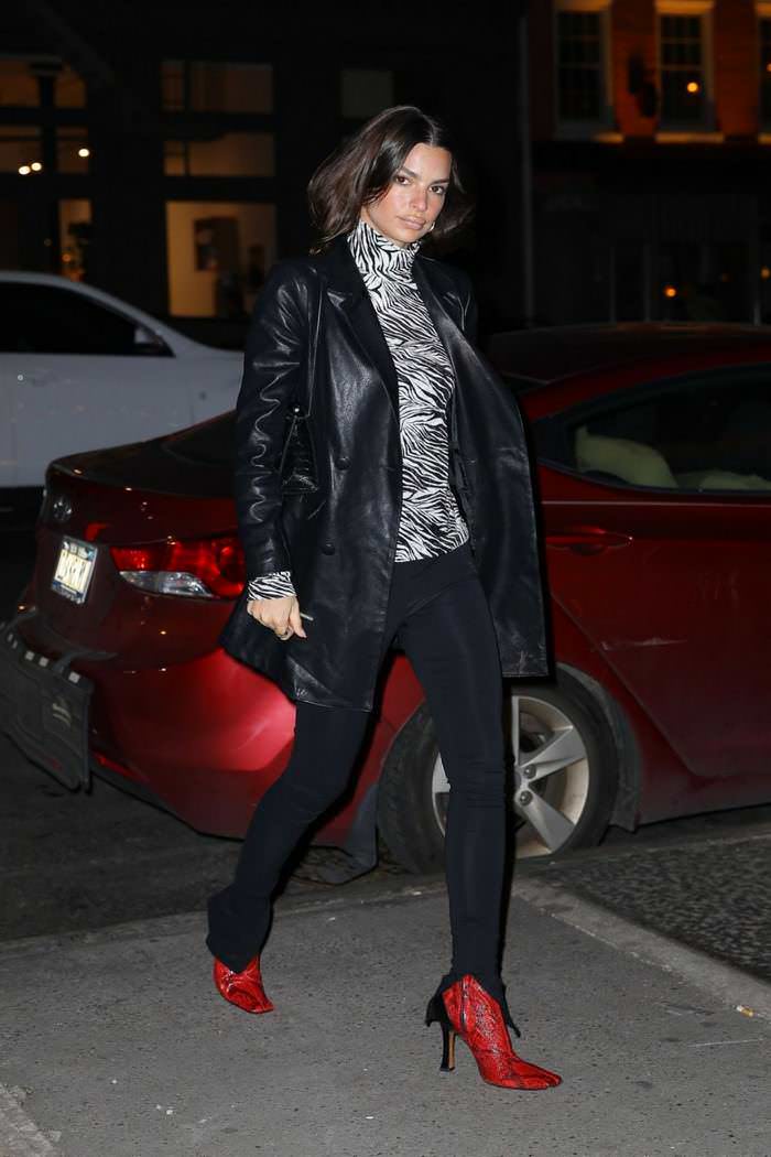 emily ratajkowski in zebra top with black leggings red leather python boots in ny 1