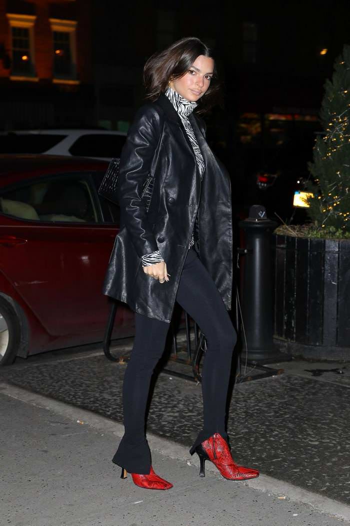 emily ratajkowski in zebra top with black leggings red leather python boots in ny 2