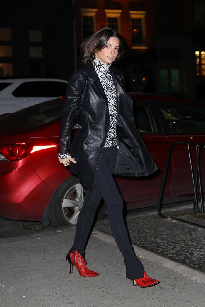 emily ratajkowski in zebra top with black leggings red leather python boots in ny 4