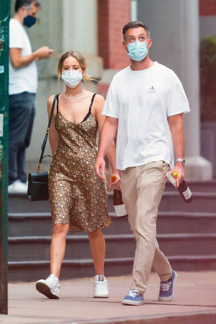 jennifer lawrence out wearing a silky dress with husband cooke maroney 3