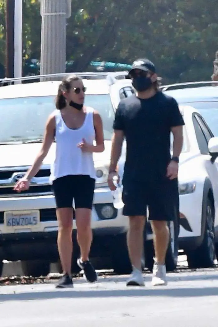 lea michele in a tank top and shorts as she takes a walk with zandy reich 1