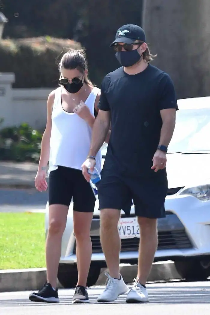 lea michele in a tank top and shorts as she takes a walk with zandy reich 2