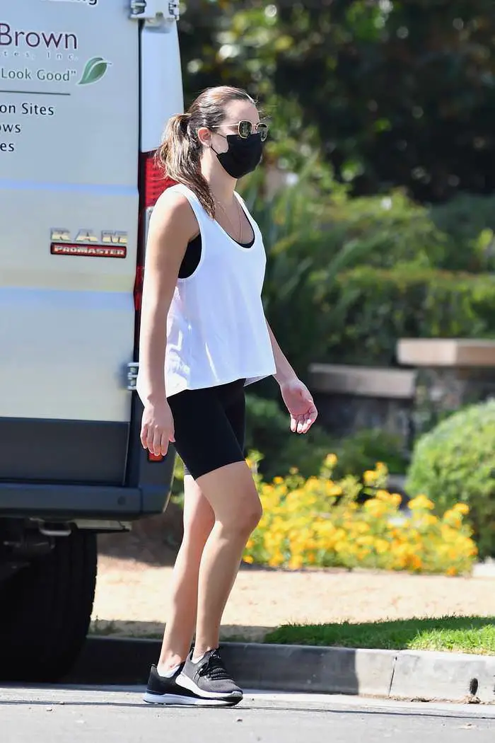 lea michele in a tank top and shorts as she takes a walk with zandy reich 3