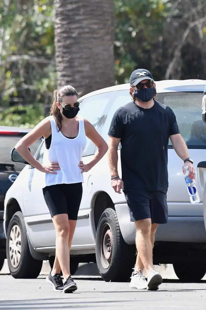 lea michele in a tank top and shorts as she takes a walk with zandy reich 4