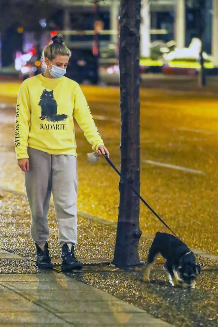 lili reinhart in the yellow sweatshirt as she takes her dog out for an evening stroll 3