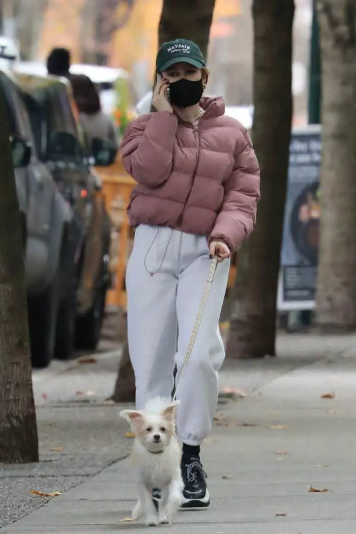 madelaine petsch walks with her dog during a break from filming riverdale 1