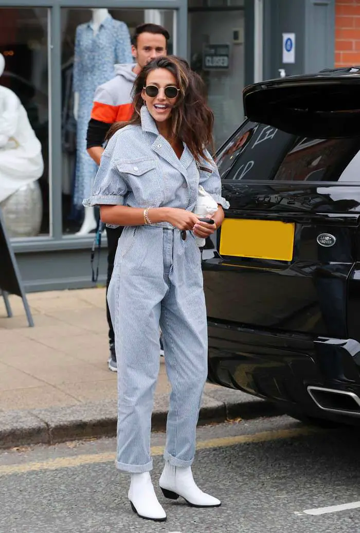 michelle keegan looks chic in a pinstriped jumpsuit 1