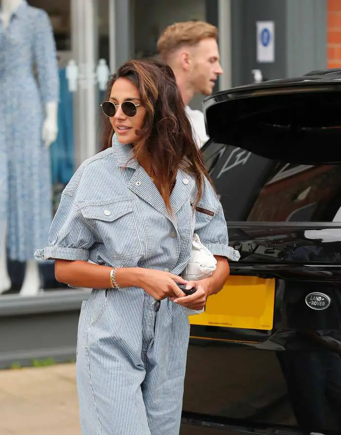 michelle keegan looks chic in a pinstriped jumpsuit 2