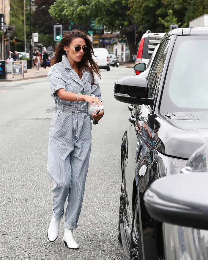 michelle keegan looks chic in a pinstriped jumpsuit 3