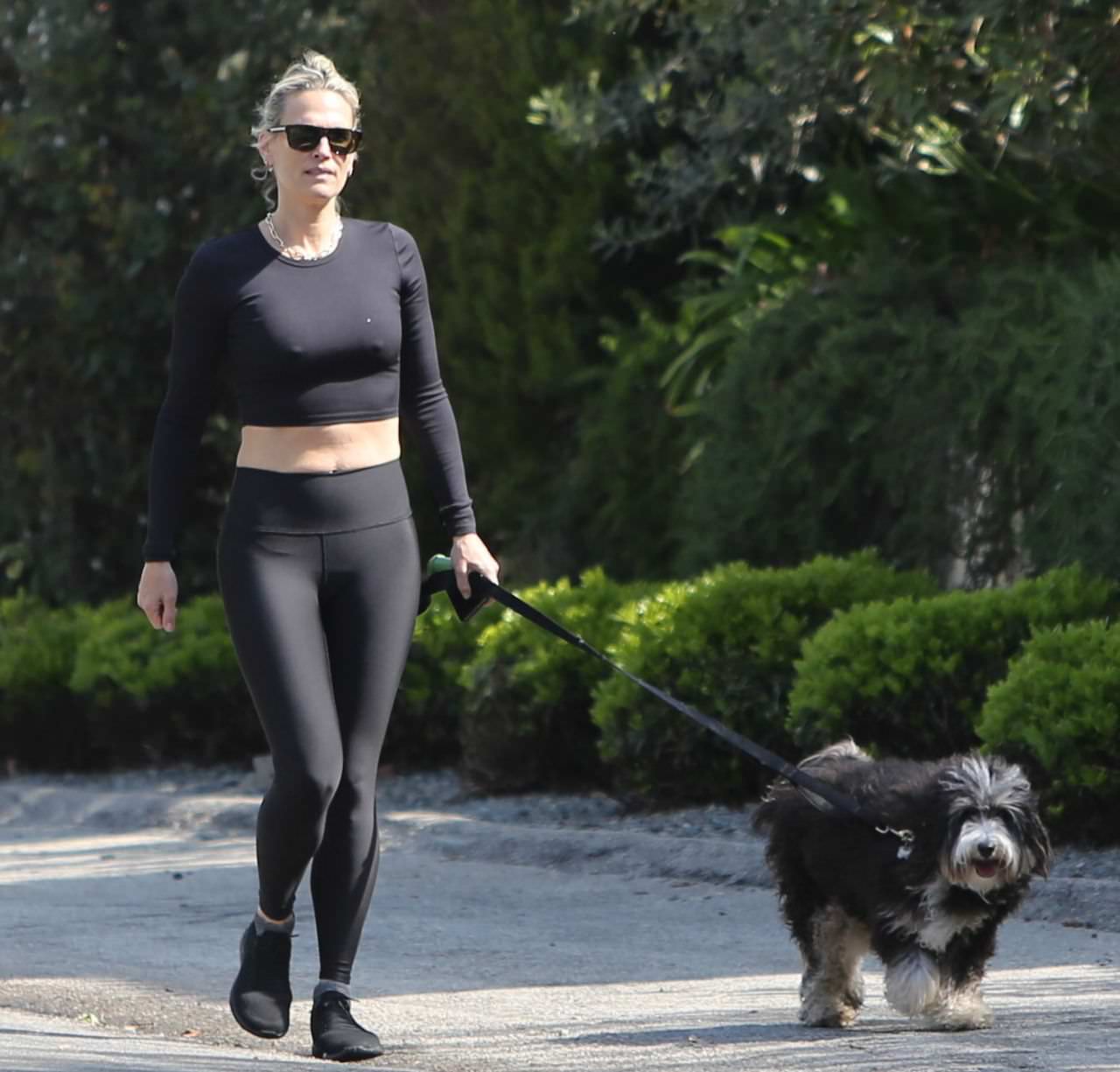 molly sims in a crop top and leggings walking dog in la 1