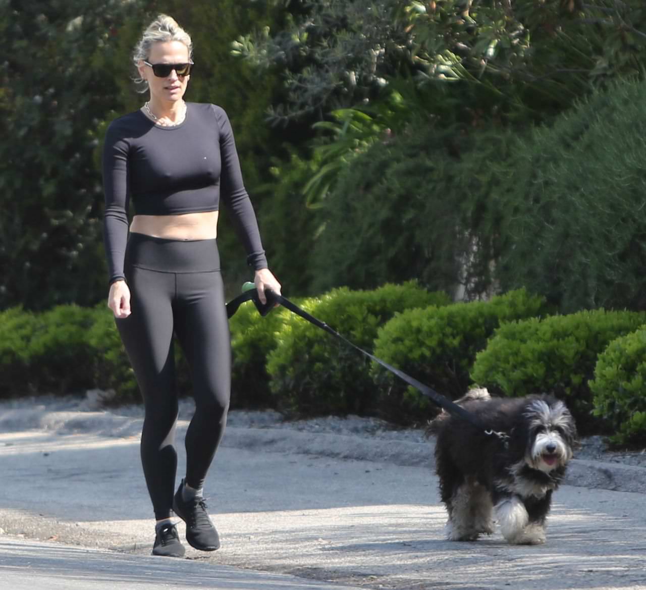 molly sims in a crop top and leggings walking dog in la 3