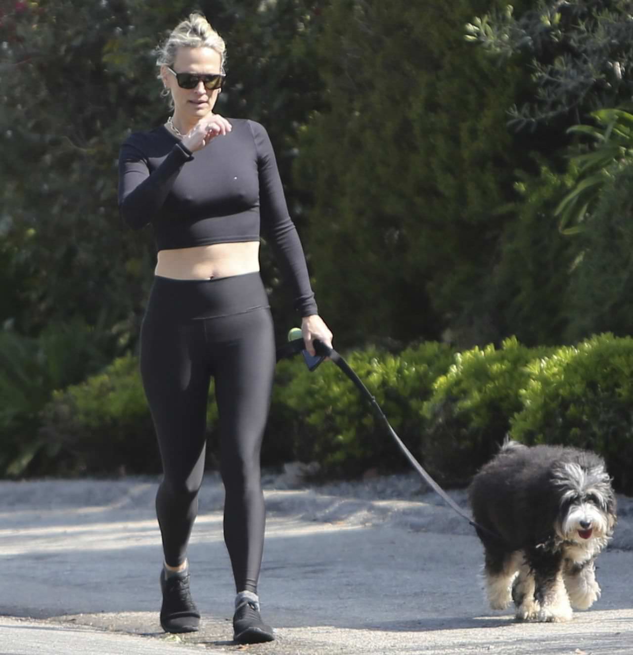 molly sims in a crop top and leggings walking dog in la 4
