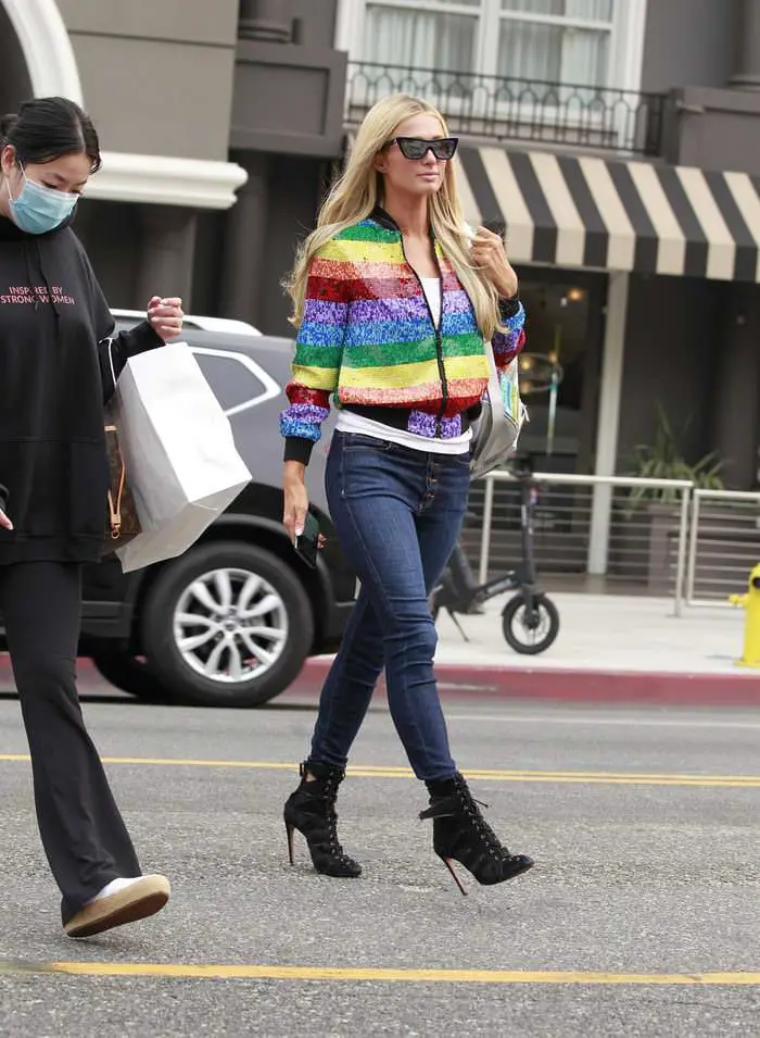 paris hilton rocks a rainbow jacket while shopping in beverly hills 3
