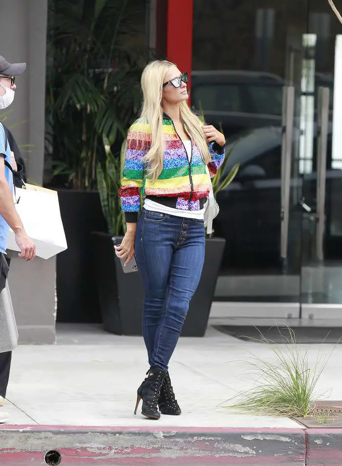 paris hilton rocks a rainbow jacket while shopping in beverly hills 4