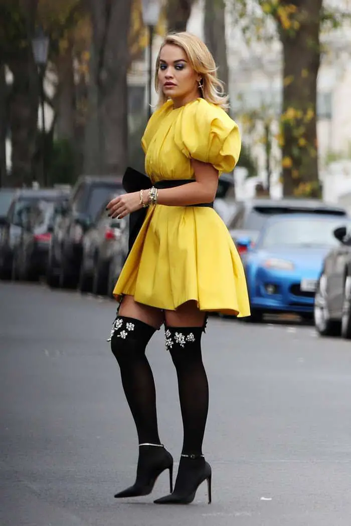 rita ora in a puffy bright yellow mini dress out in london 4
