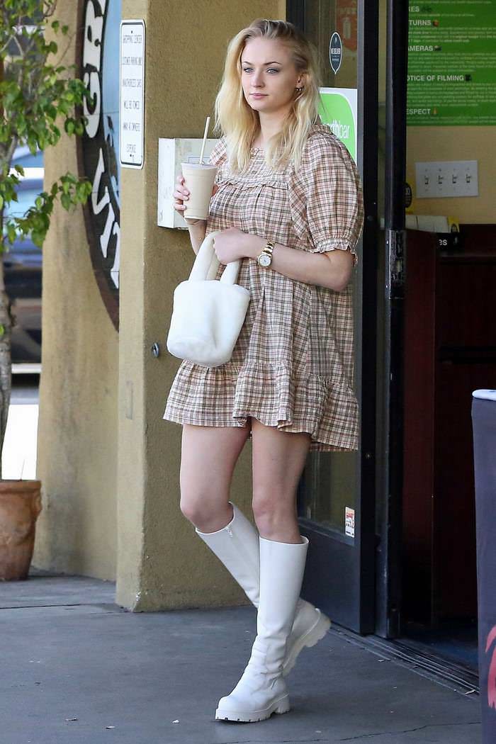 sophie turner in textured plaid babydoll dress out in la 1