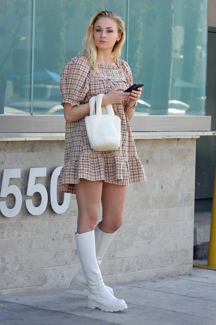 sophie turner in textured plaid babydoll dress out in la 4
