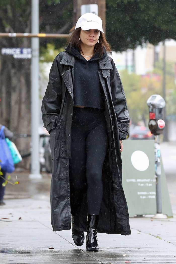 vanessa hudgens out in the los feliz in leather trench coat 1